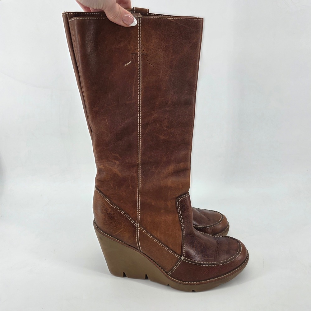 Kors Michael Kors Dipper Brown Leather Wedge Tall Boots Contrast Stitching 8M